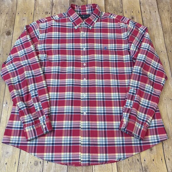 Polo Ralph Lauren Tartan Plaid Shirt Custom Fit 2XL Red Button Down Long Sleeve - Picture 2 of 8